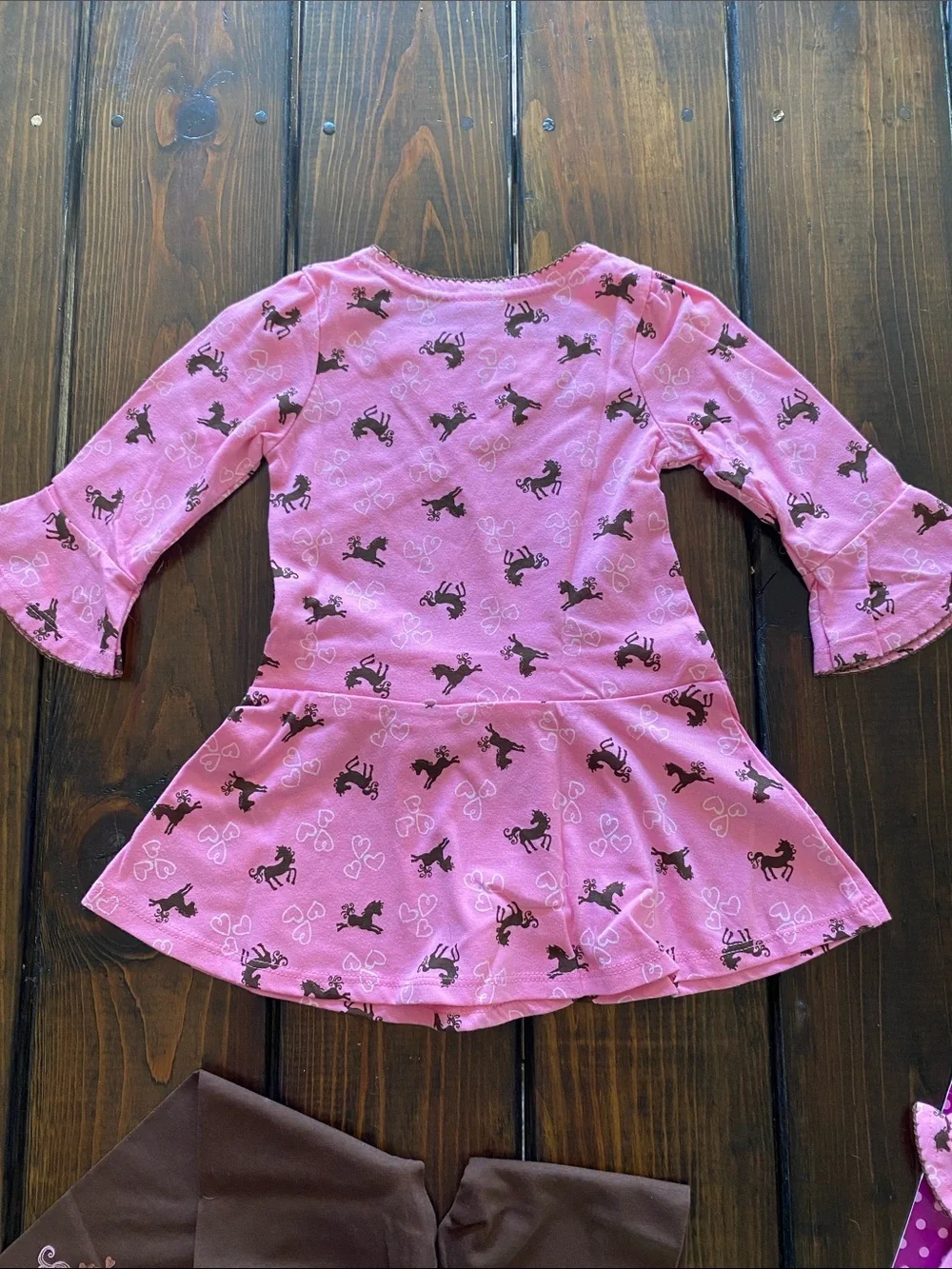 Dollie & Me Pink & Brown Horse-Print Set with Matching Doll Outfit. Size 3